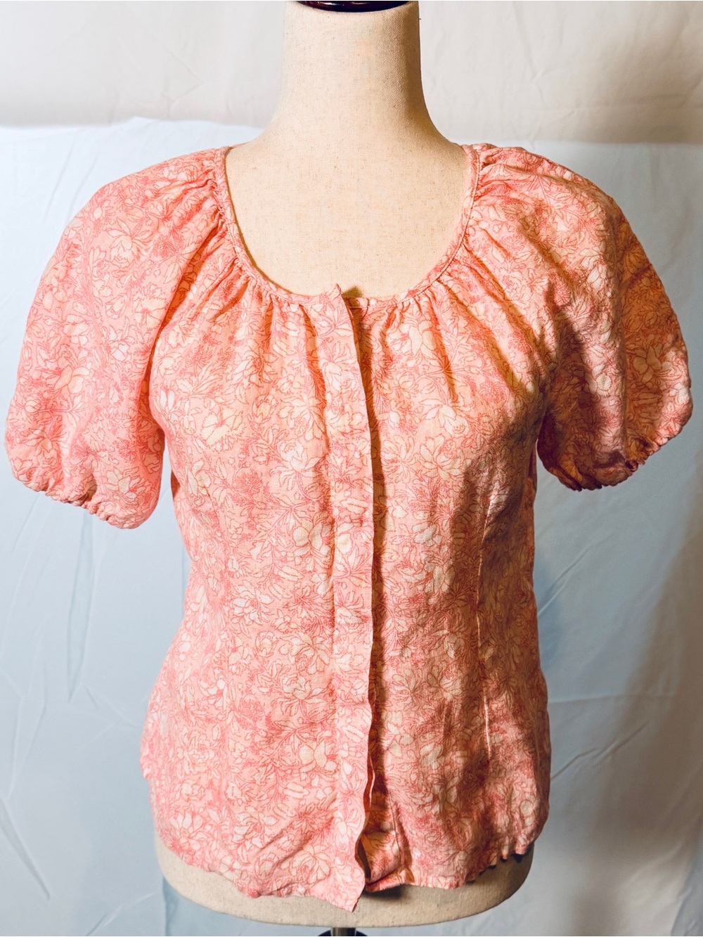 J. Crew 100% Linen Coral pink Floral Scoop-Neck Puff Sleeve peasant, cottagecore